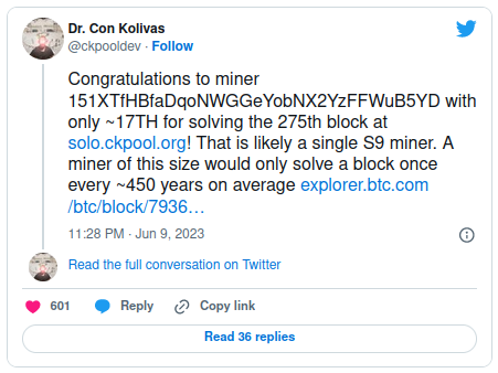 Een solo-miner heeft een zeer kleine kans om het volgende block te vinden van de Bitcoin blockchain
