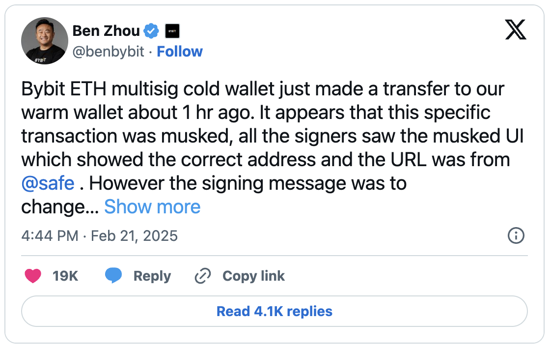 Ben Zhou van Bybit reageert op de hack