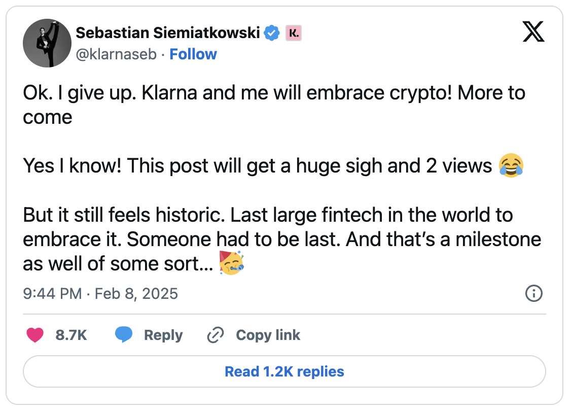 Klarna CEO wil crypto omarmen