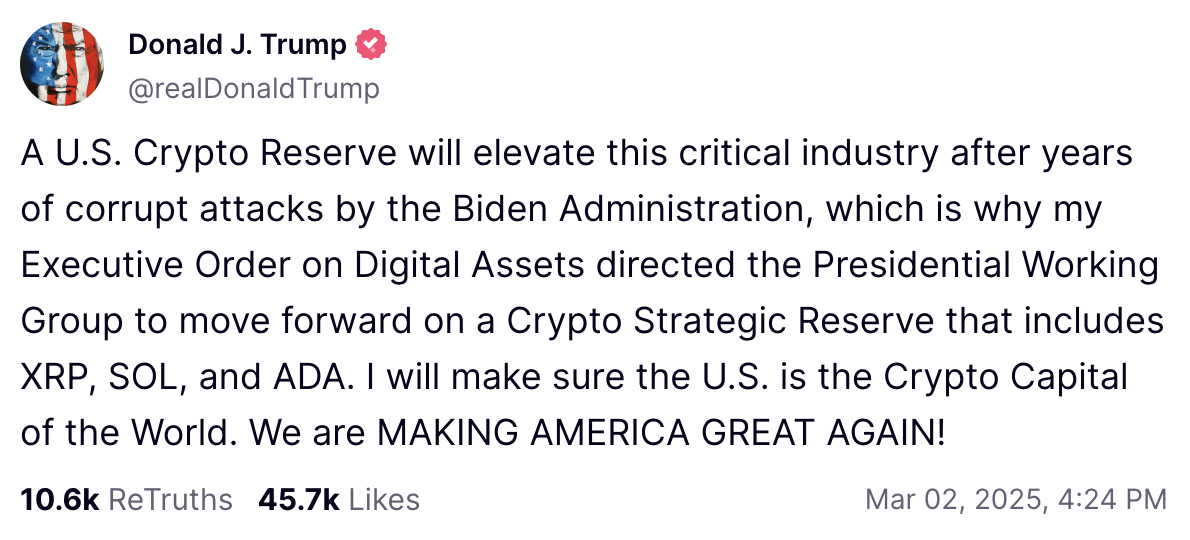 Trump op Truth social over een cryptoreserve